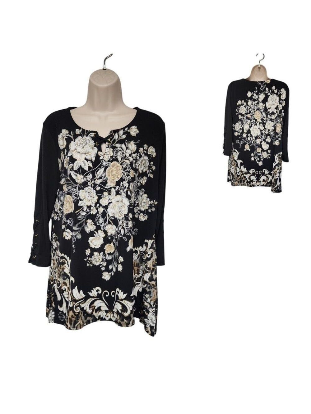 JM Collection Womens Round Neck Floral Tunic Blouse Black & Beige Size Medium